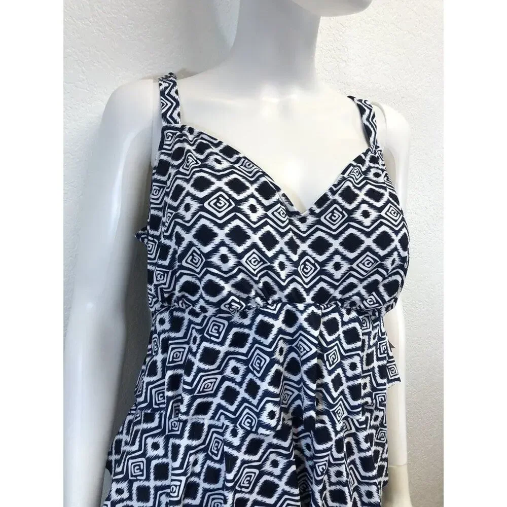 NWT Women's Swim Solutions Aztec Print Tummy-Control Swimdress  Blue Plus Sz 18W - Picture 2 of 7